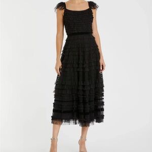 Mac Duggal Black Ruffle Cap Sleeve Tiered Midi Dress